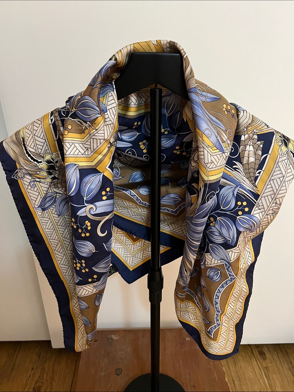 Silk-Feel Blue and Gold Botanical Scarf - Brand Unknown